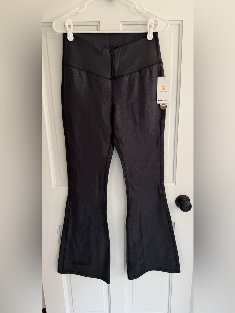 NWT Glowmode Foiled Leather Flare Leggings Black XL High Rise 30” Inseam